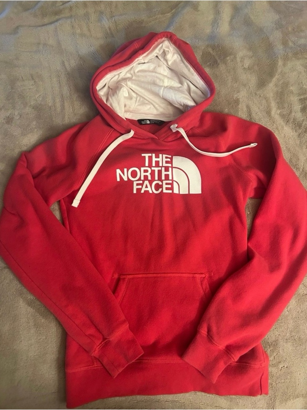The North Face Red Hoodie with White Logo and Lined Hood, Like New Condition!